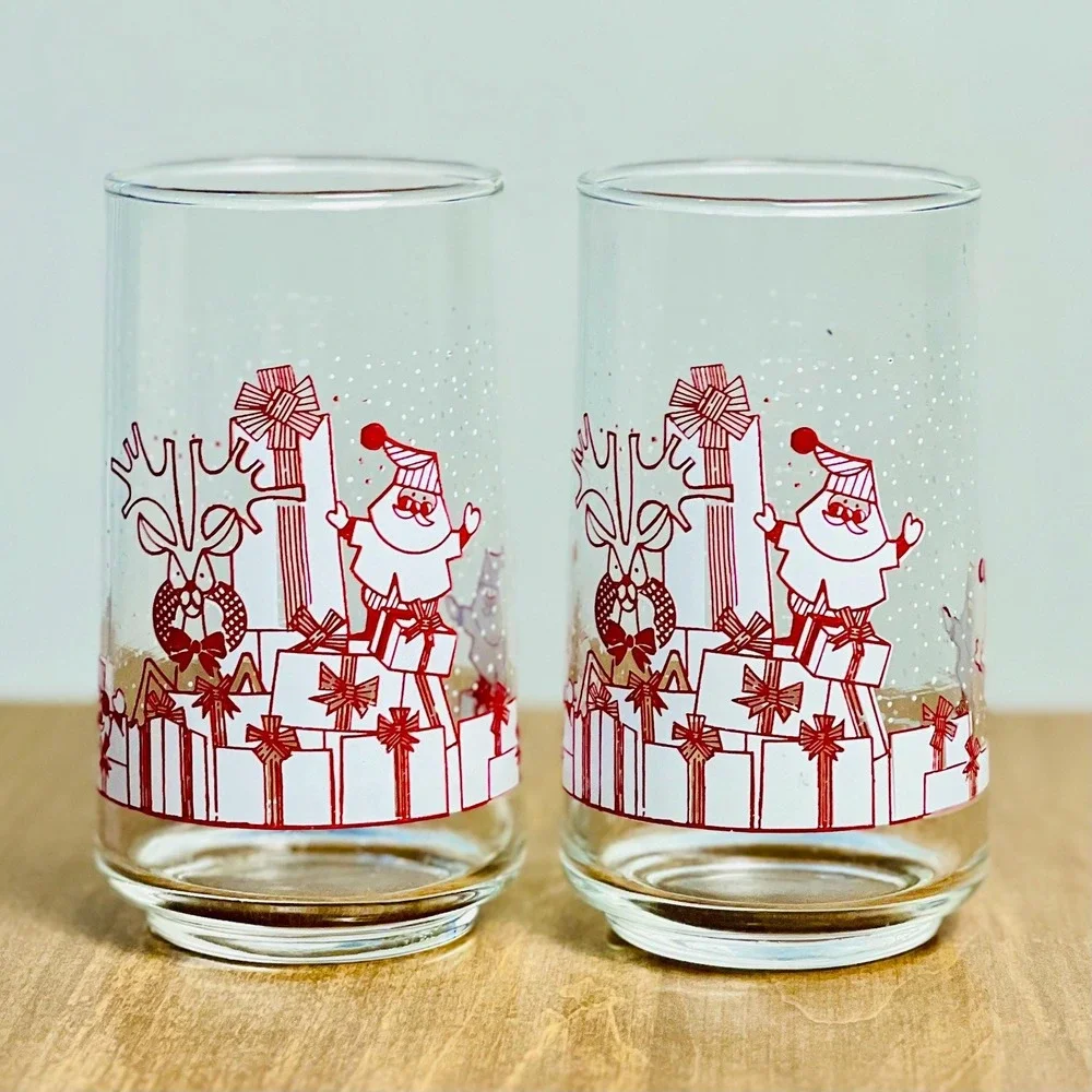 Vintage Santa Christmas Glasses by Crisa Corp -‎ Santa Reindeer and Presents